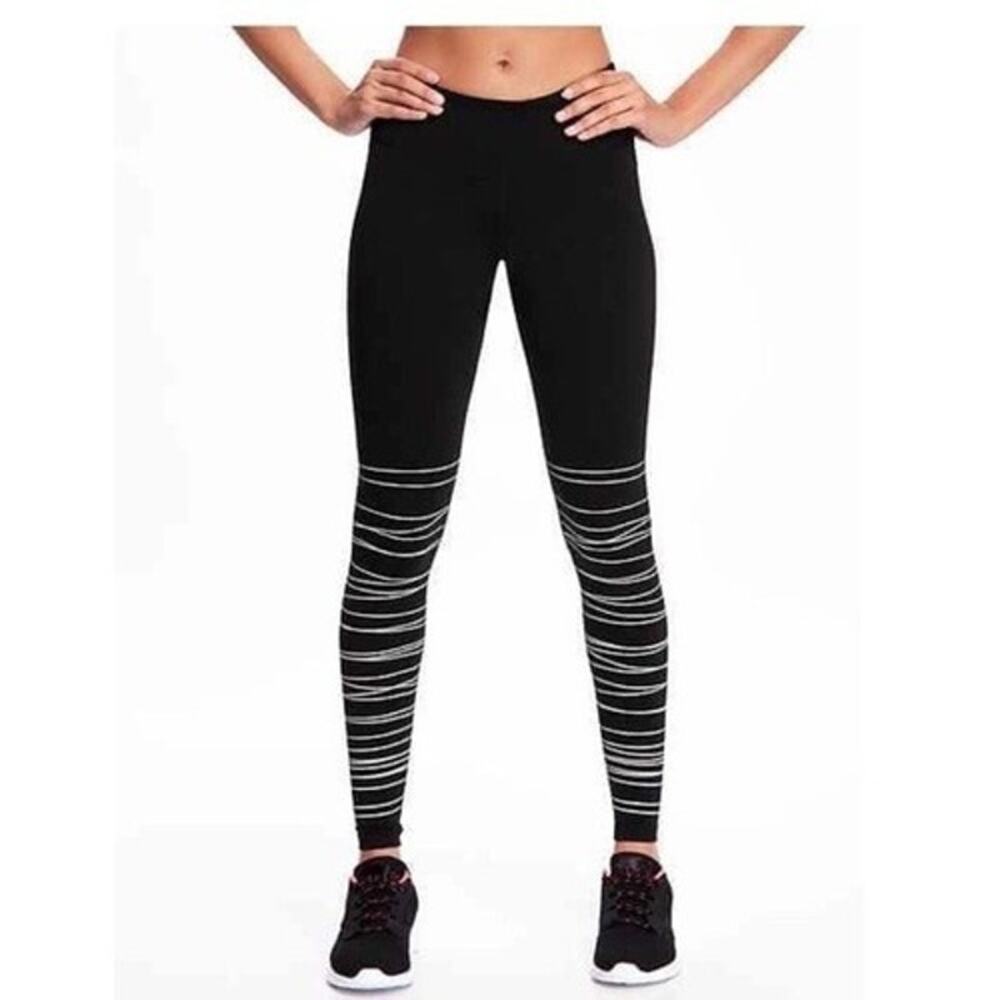 Old Navy Active Women Go Dry PowerSoft Fitted Striped Bottom Leggings SZ M Black